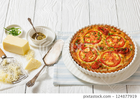 Freshly baked Italian Tomato Cheese Pie, top view 124877919
