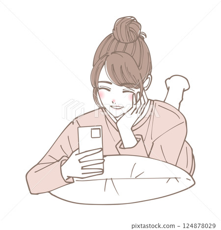 一位女士躺著看智慧型手機的插圖 一位女士躺著看智慧型手機的插圖 124878029