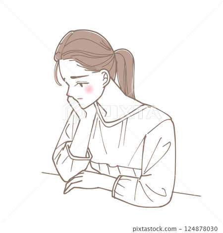 一位女士用手托著下巴思考的插圖 一位女士用手托著下巴思考的插圖 124878030