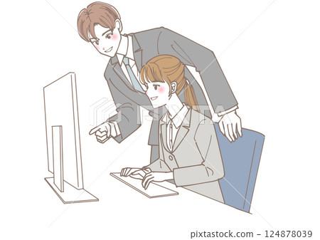 Illustration of a male employee teaching someone how to do their job Illustration of a male employee teaching someone how to do their job 124878039