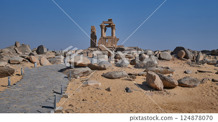 The Kiosk of Qertassi is a tiny Roman kiosk with four slender papyrus columns inside and two Hathor columns at the entrance in The Temple of Kalabsha in Aswan ,Egypt 124878070