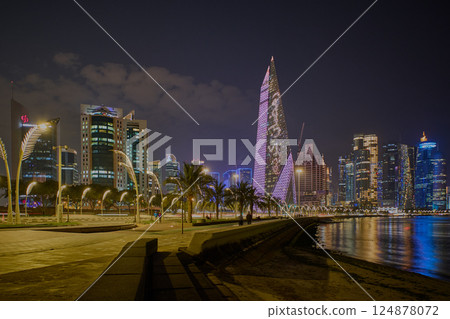 Doha, Qatar-March 12 2025:Doha Qatar skyline from corniche promenade at night in the West Bay area 124878072