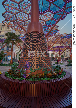 Doha, Qatar-January 14 2025: Crystal walkway in Gewan Island in the Peral. Qatar longest climatized outdoor pedestrian walkway set to be the commercial hub of Gewan Island. Doha, Qatar-January 14 2025: Crystal walkway in Gewan Island in the Peral. Qatar longest climatized outdoor pedestrian walkway set to be the commercial hub of Gewan Island. 124878263