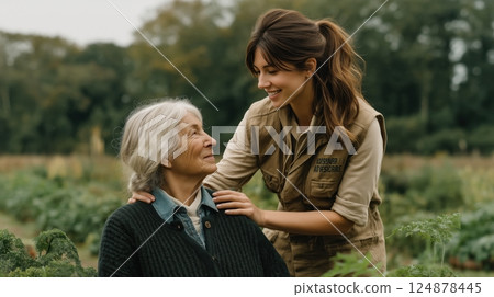 A young woman and an elderly lady sitting together on a bench outdoors, sharing a gentle and heartfelt moment. The woman is holding the older lady's hand, offering support and affection, surrounded by 124878445