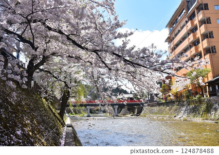 Spring in Takayama, Gifu Prefecture, Japan: Cherry blossoms in full bloom, tourist attractions Nakabashi Bridge and Miyagawa River, surrounding cityscape and beautiful blue sky 124878488