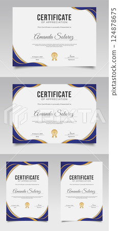 Certificate of appreciation template with blue and gold elements 124878675