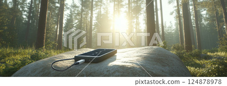 Solar charger on rock in forest setting, showcasing eco-friendly technology, background 124878978