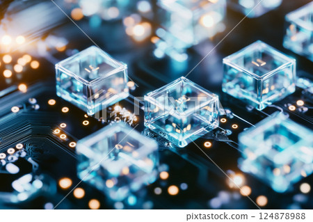 Crystal cubes on electronic circuit board showcasing digital technology 124878988
