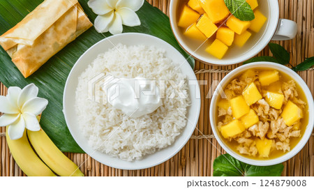 Colorful Thai cuisine including mango sticky rice, spring rolls, and curry, Songkran food background 124879008
