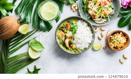 Delicious Thai Green Curry and Rice with Fresh Ingredients 124879010