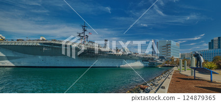 San Diego, California, USA- November 5 2004:The USS Midway Museum and Unconditional Surrender  Statue (sculpture) 124879365