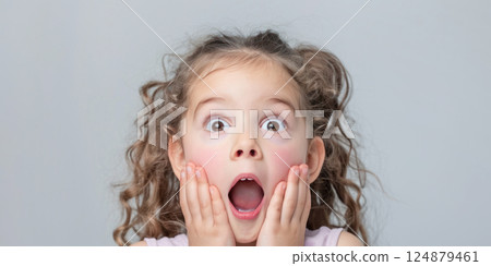 Surprised Little Girl with Wide Eyes. A young girl shows an expression of surprise and amazement with her mouth open and hands on her cheeks. Surprised Little Girl with Wide Eyes. A young girl shows an expression of surprise and amazement with her mouth open and hands on her cheeks. 124879461