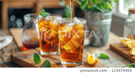 Iced Tea Refreshment. A glass of cold brew iced tea with a refreshing pour, accompanied by lemon wedges and mint leaves, perfect for a warm day. Iced Tea Refreshment. A glass of cold brew iced tea with a refreshing pour, accompanied by lemon wedges and mint leaves, perfect for a warm day. 124879468
