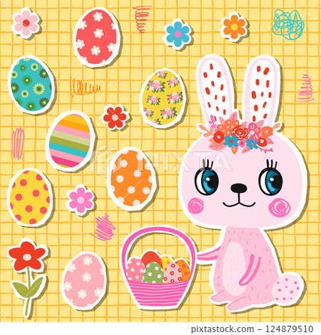Cute vector greeting card with pink bunny holding a basket with Easter eggs, Kawaii floral design for kids and babies Cute vector greeting card with pink bunny holding a basket with Easter eggs, Kawaii floral design for kids and babies 124879510