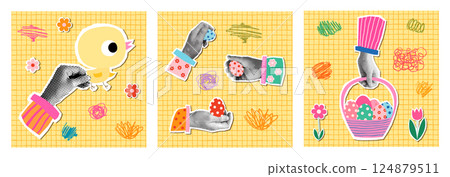 Easter vector greeting card set with hands holding painted eggs, basket, chicken, Halftone collage style background Easter vector greeting card set with hands holding painted eggs, basket, chicken, Halftone collage style background 124879511