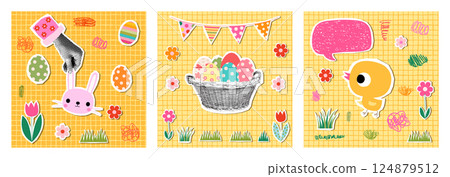 Fun Easter greeting cards, posters set with basket with eggs, bunny, chicken, cute colorful backgrounds Fun Easter greeting cards, posters set with basket with eggs, bunny, chicken, cute colorful backgrounds 124879512