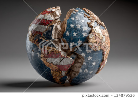 Cracked Earth Model Painted with American Flag, Global Crisis 124879526