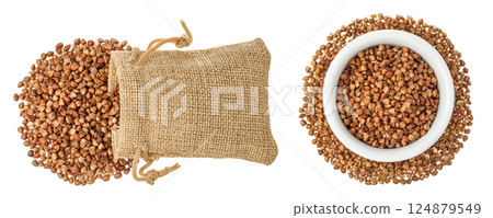 Raw buckwheat in a bag and ceramic bowl isolated on white background. Top view. Flat lay 124879549