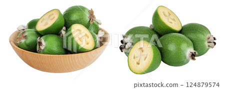 Feijoa fruit in wooden bowl isolated on white background 124879574