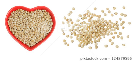 Sorghum seeds in ceramic bowl isolated on white background. Top view. Flat lay. Sorghum seeds in ceramic bowl isolated on white background. Top view. Flat lay. 124879596