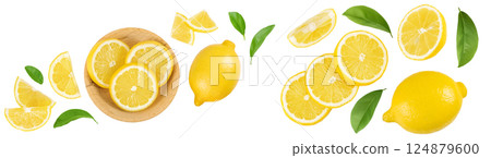 Ripe lemon with slices isolated on white background with full depth of field. Top view. Flat lay 124879600