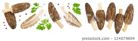 raw morel mushroom isolated on white background with copy space for your text. Top view. Flat lay. 124879604