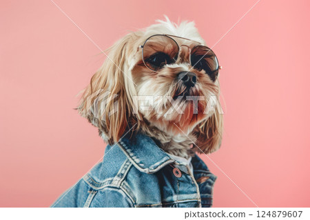 A fashionable Dog in a denim jeans jacket and sunglasses poses against a pink background. 124879607