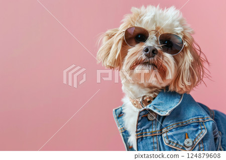 A fashionable Dog in a denim jeans jacket and sunglasses poses against a pink background. 124879608