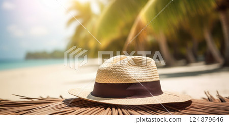 Island Getaway Essentials. A woven sunhat resting on a straw mat with a soft-focus backdrop of tropical palms and a serene beach, epitomizing island vacation vibes. 124879646