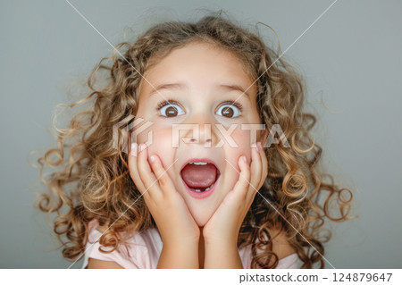 Surprised Little Girl with Wide Eyes. A young girl shows an expression of surprise and amazement with her mouth open and hands on her cheeks. 124879647