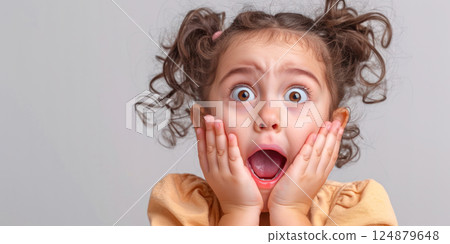 Surprised Little Girl with Wide Eyes. A young girl shows an expression of surprise and amazement with her mouth open and hands on her cheeks. 124879648
