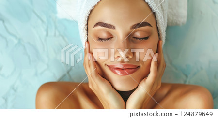 Serene Beauty Relaxation. A serene young woman with a towel wrapped around her hair, gently holding her face with a content smile, symbolizing tranquility and self-care. Serene Beauty Relaxation. A serene young woman with a towel wrapped around her hair, gently holding her face with a content smile, symbolizing tranquility and self-care. 124879649