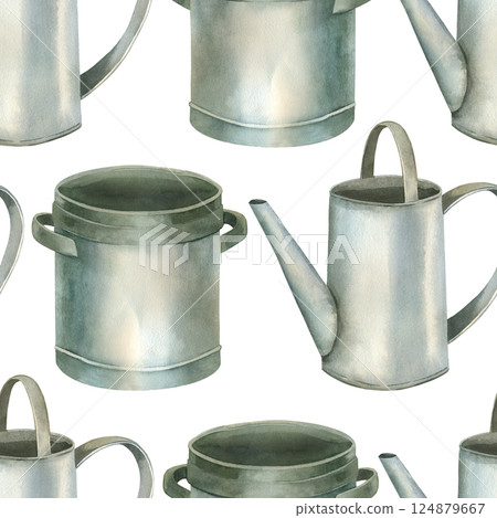 Seamless watercolor pattern. Metal vintage watering can, saucepan, all objects are hand painted with watercolor. Watercolor illustration. Suitable for printing on fabric, paper, decor. 124879667