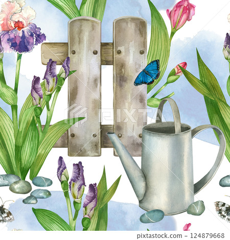 Watercolor seamless pattern with purple and pink iris flowers, watering can, decorative fence and butterflies. Hand drawn watercolor flowerbed. For printing on paper, fabric, design. Watercolor seamless pattern with purple and pink iris flowers, watering can, decorative fence and butterflies. Hand drawn watercolor flowerbed. For printing on paper, fabric, design. 124879668