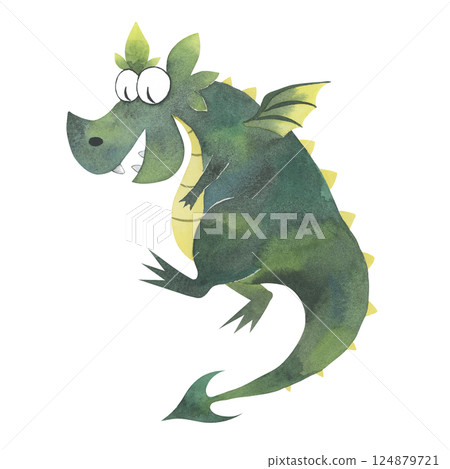 Cute dragon cartoon-style watercolor illustration. Hand-painted green mythical animal with whimsical texture. Perfect for kids designs, fantasy themes, and creative projects 124879721