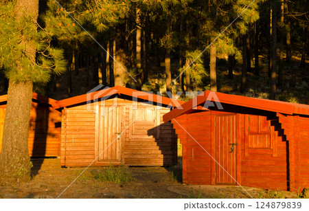 Wooden cabins in the forest. Wooden cabins in the forest. 124879839