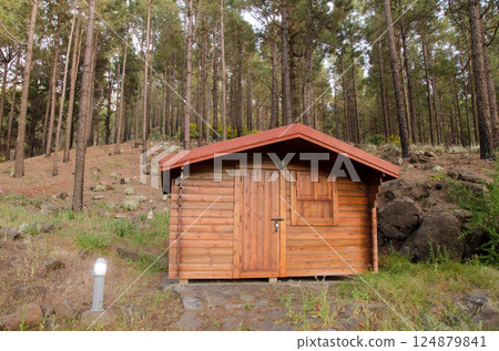 Wooden cabin in the forest. Wooden cabin in the forest. 124879841