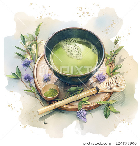 Matcha tea preparation with a traditional bowl and whisk placed on a natural wooden tray surrounded by herbs and flowers 124879906
