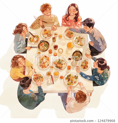 Friends gather around a table enjoying a festive meal filled with laughter and joy during a casual evening gathering 124879908