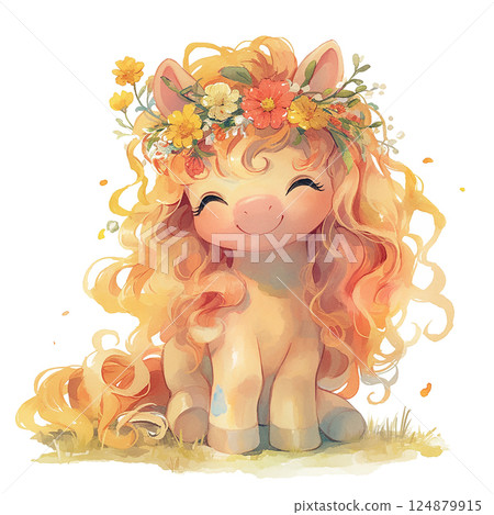 Cute pony with curly hair and flower crown enjoys a sunny day in a colorful meadow filled with blossoms 124879915