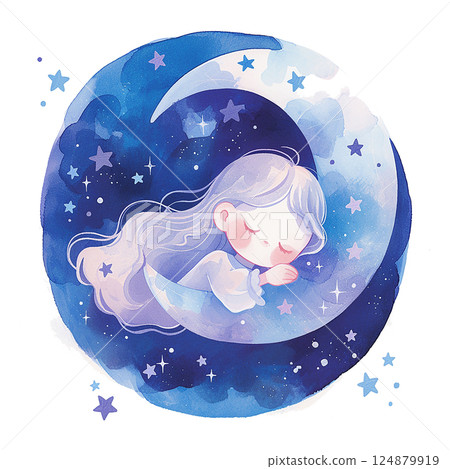 Whimsical girl peacefully sleeping on a crescent moon surrounded by stars and clouds at night Whimsical girl peacefully sleeping on a crescent moon surrounded by stars and clouds at night 124879919