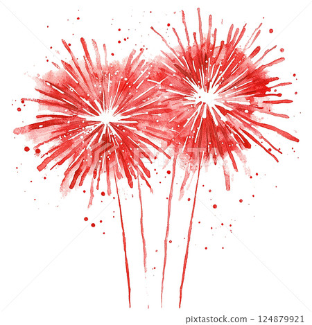 Red fireworks bursting in celebration during a festive night, adding vibrancy to the evening sky Red fireworks bursting in celebration during a festive night, adding vibrancy to the evening sky 124879921