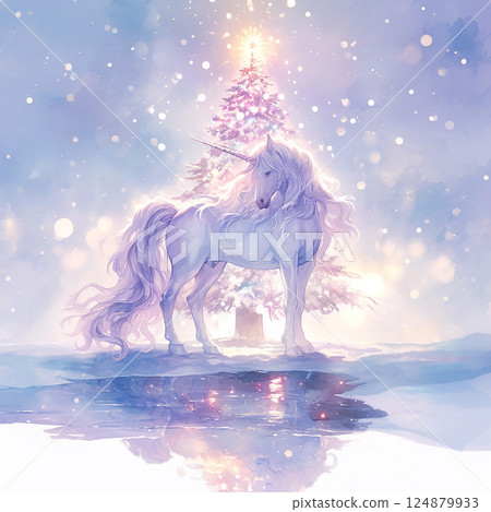 Unicorn standing majestically near a glowing Christmas tree in a magical winter landscape at twilight 124879933