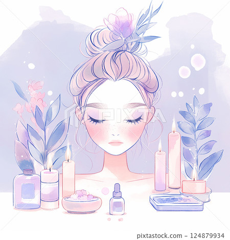 Young woman with serene expression surrounded by candles and beauty products in a calming pastel setting 124879934