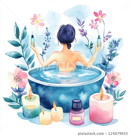 Relaxing woman enjoying a tranquil bath with candles and essential oils in a serene garden setting 124879935