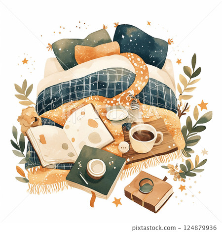 Cozy bedroom setup with books, snacks, and a warm beverage for a relaxing evening 124879936