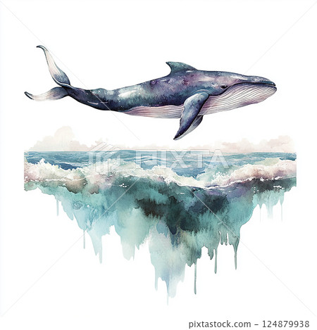 Majestic whale gracefully leaps above the ocean waves showcasing nature's beauty in vibrant colors and fluid motion Majestic whale gracefully leaps above the ocean waves showcasing nature's beauty in vibrant colors and fluid motion 124879938