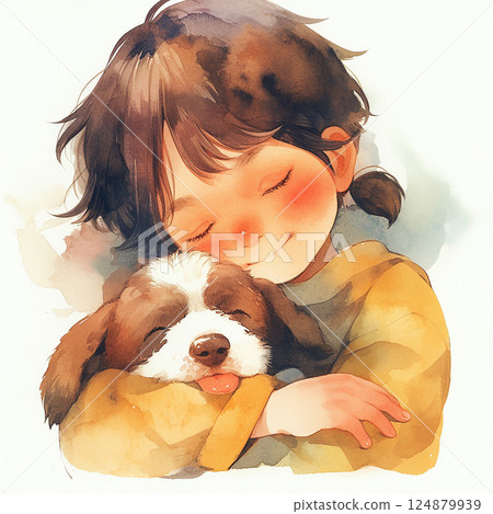 Child peacefully cuddles a dog in a cozy setting showcasing warmth and affection Child peacefully cuddles a dog in a cozy setting showcasing warmth and affection 124879939