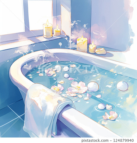 Relaxing bath with candles and petals in a serene bathroom setting during the afternoon 124879940