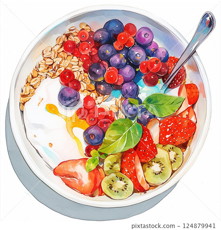 Colorful and nutritious breakfast bowl with fresh fruits and yogurt served in a white dish Colorful and nutritious breakfast bowl with fresh fruits and yogurt served in a white dish 124879941